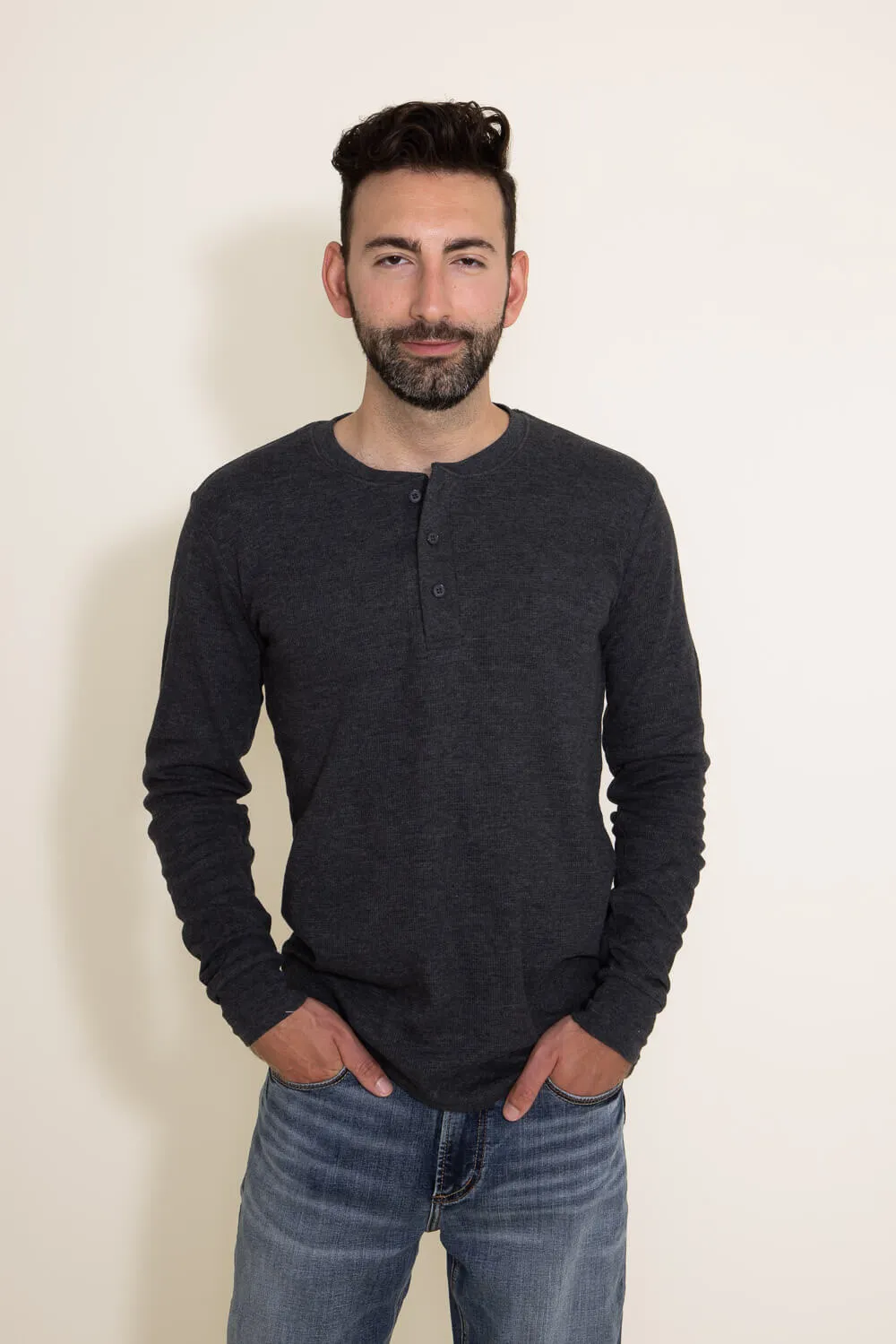 1897 Original Solid Henley Thermal Long Sleeve Shirt for Men in Charcoal | DLST046-CHARCOAL