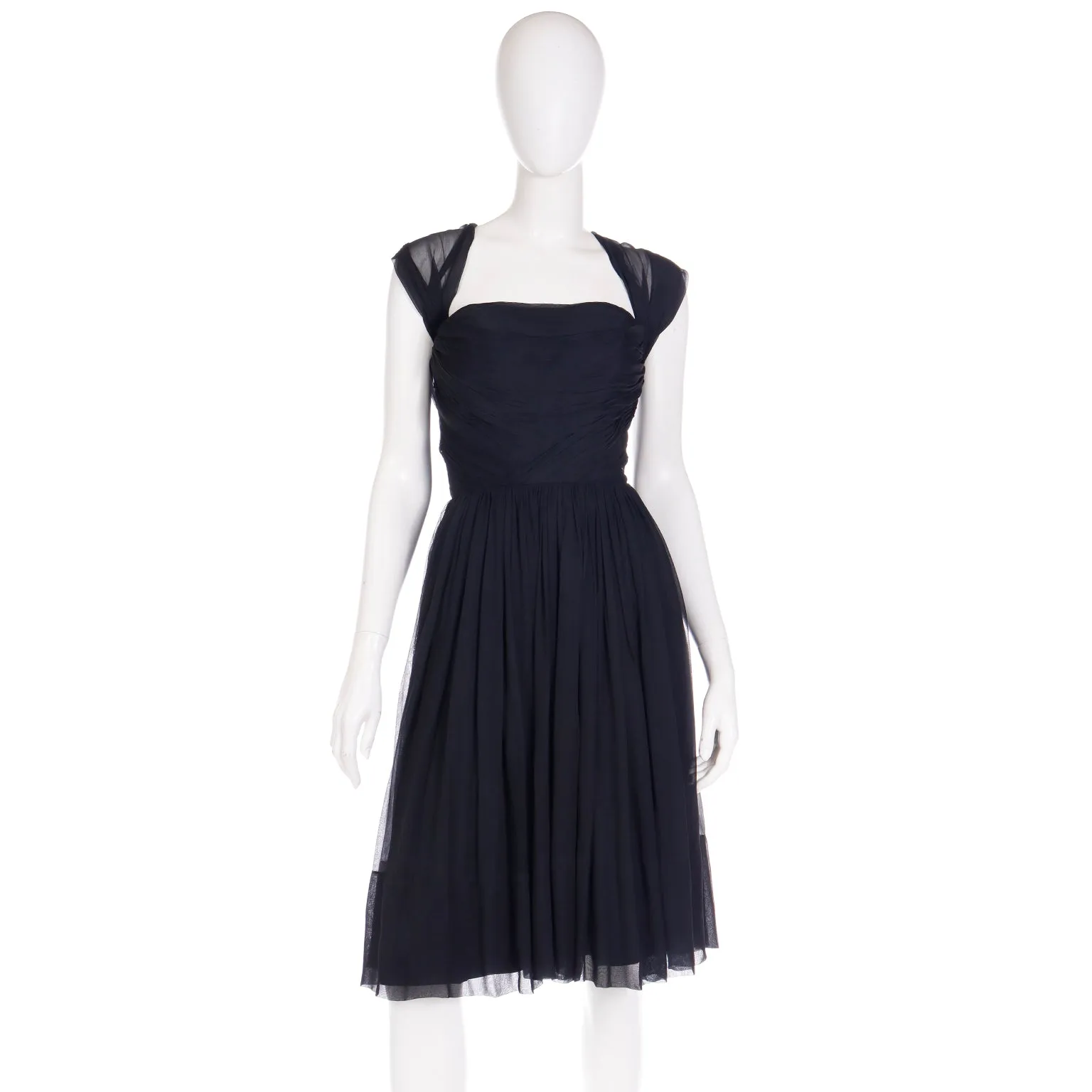 1960s Kay Selig Vintage Ruched Strapless Black Chiffon Evening Dress