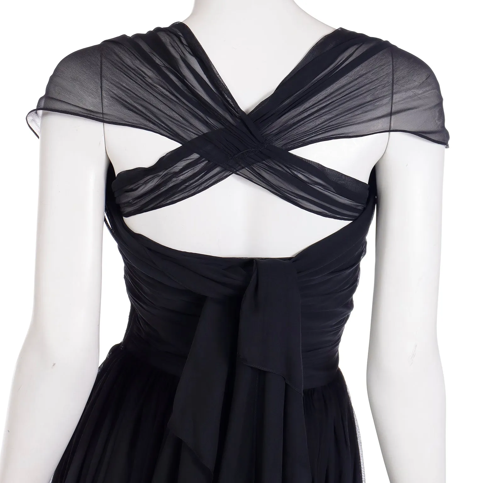 1960s Kay Selig Vintage Ruched Strapless Black Chiffon Evening Dress