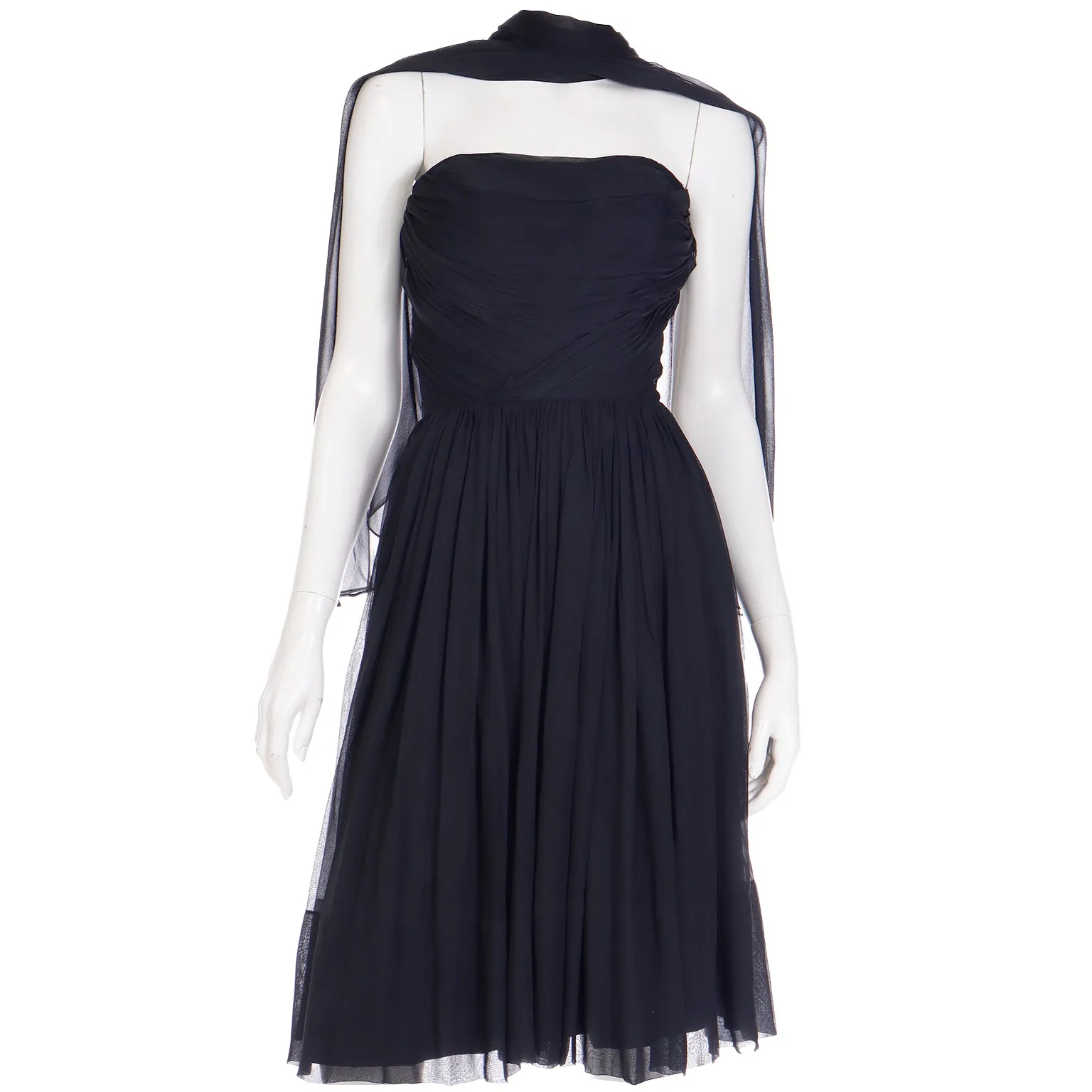 1960s Kay Selig Vintage Ruched Strapless Black Chiffon Evening Dress