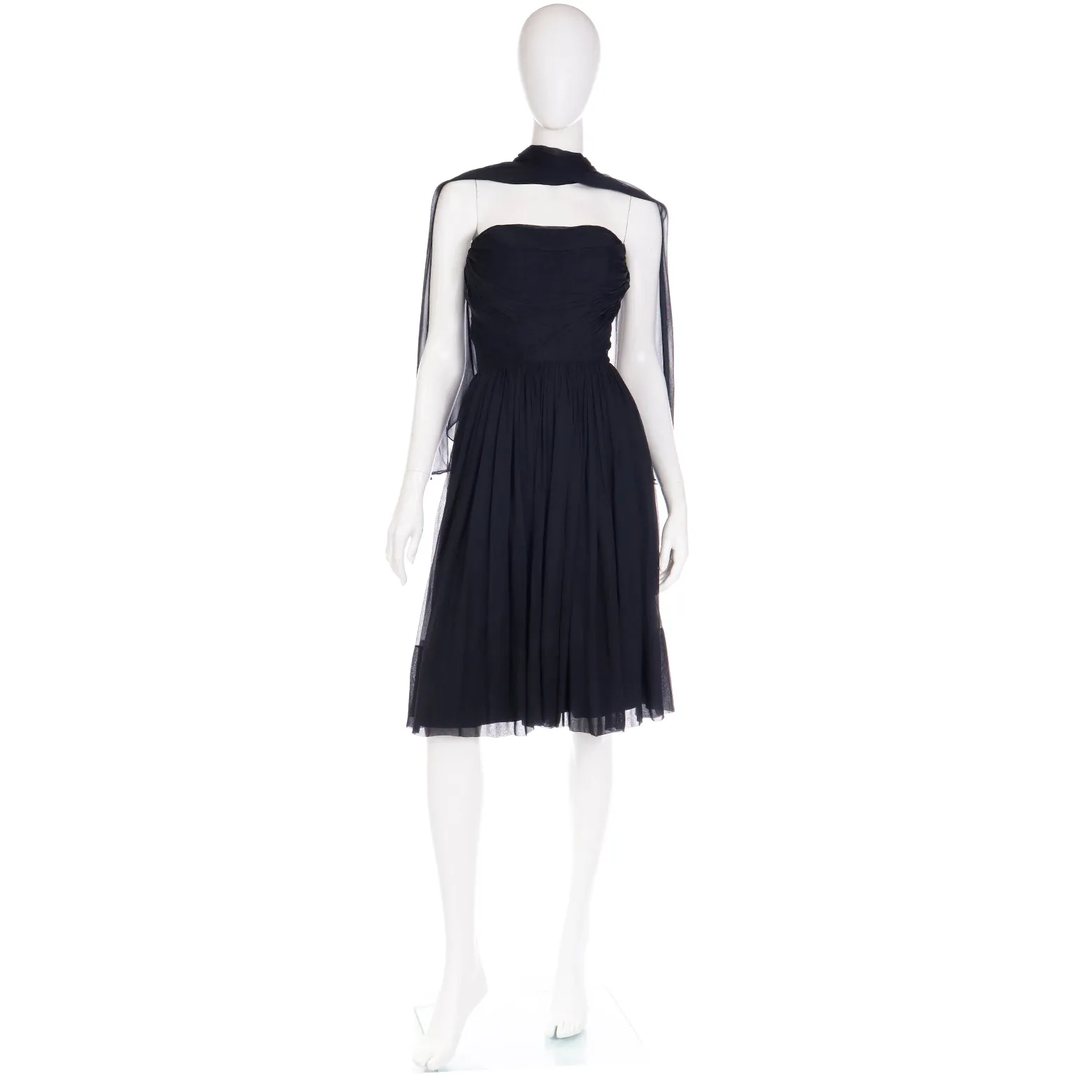 1960s Kay Selig Vintage Ruched Strapless Black Chiffon Evening Dress