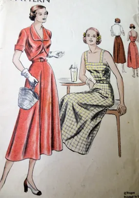 40s LOVELY Sun Dress Bolero Jacket Pattern VOGUE 6467 Camisole Top,Button Back Flared Skirt Dress Fitted Jacket With Cutaway Front Bust 34 Easy To Make Vintage Sewing Pattern