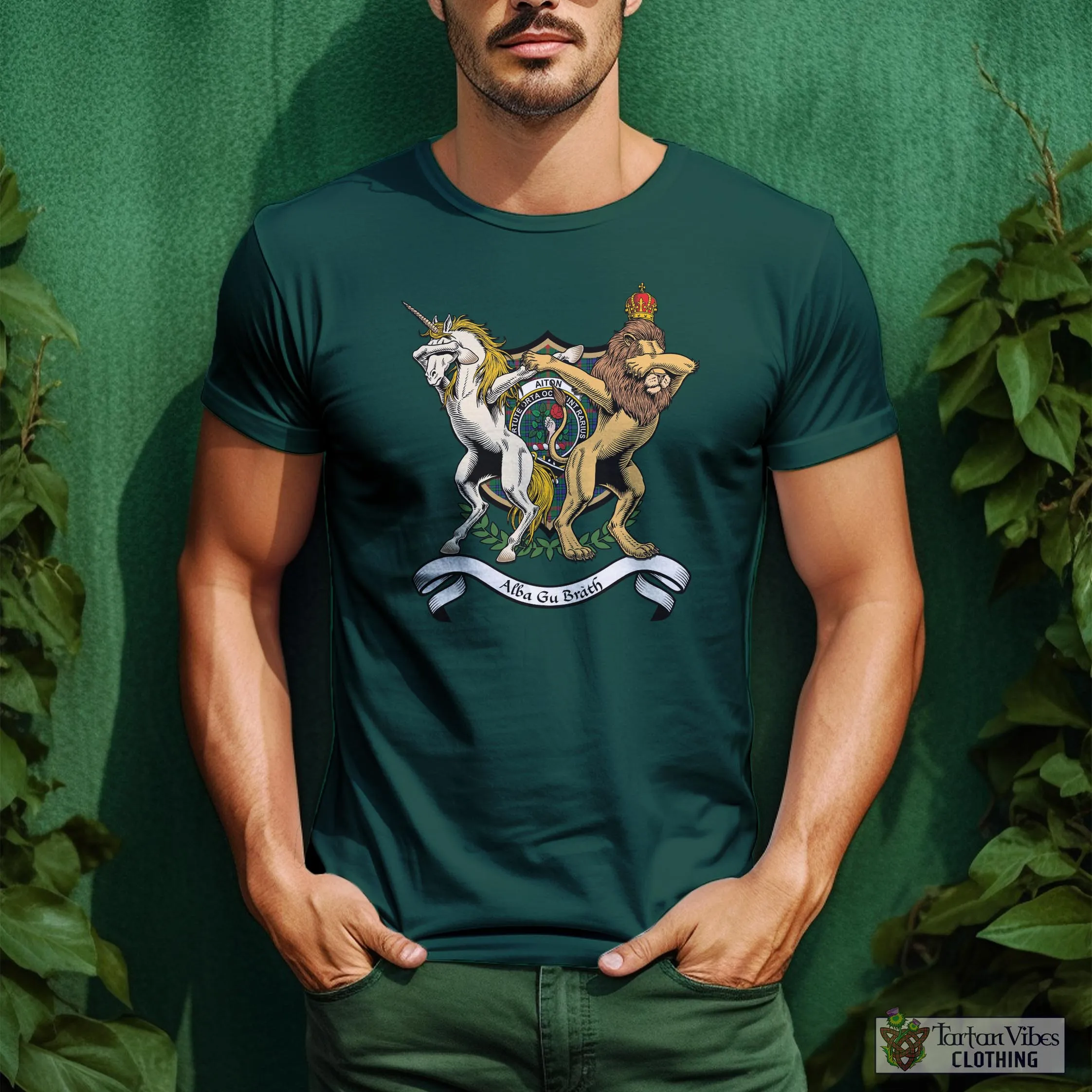 Aiton Family Crest Cotton Men's T-Shirt with Scotland Royal Coat Of Arm Funny Style