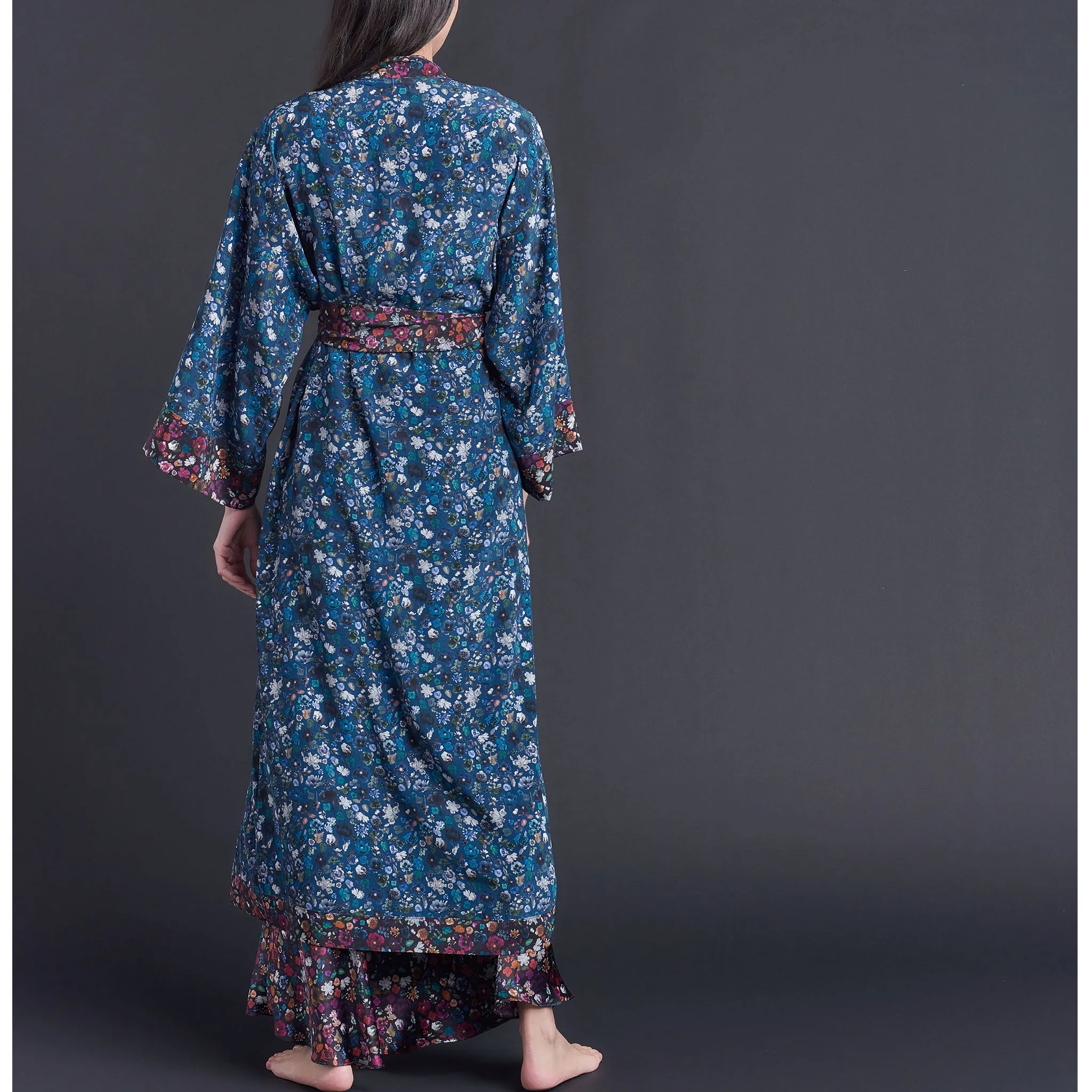 Asteria Kimono Robe in Blue Floral Edit Liberty of London Print Silk Crepe De Chine