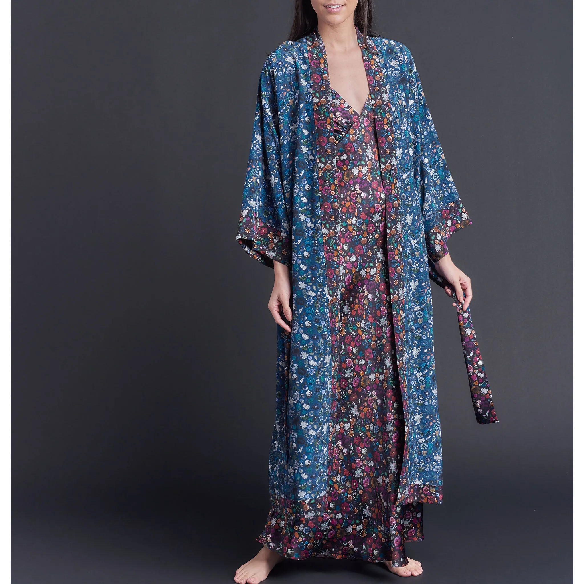 Asteria Kimono Robe in Blue Floral Edit Liberty of London Print Silk Crepe De Chine