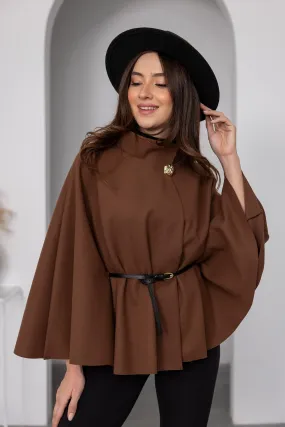 Belt Detail Poncho - BROWN