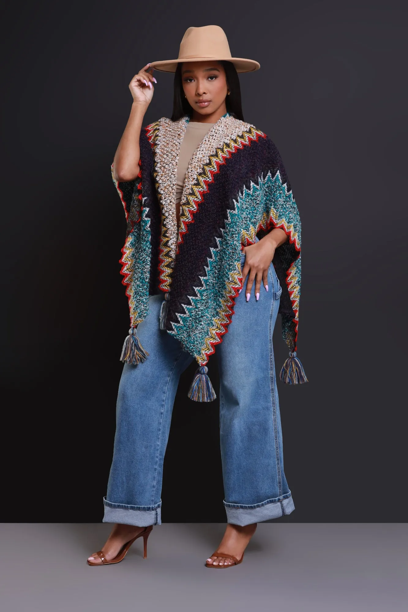 Best In Show Crochet Fringe Poncho - Blue Multicolor