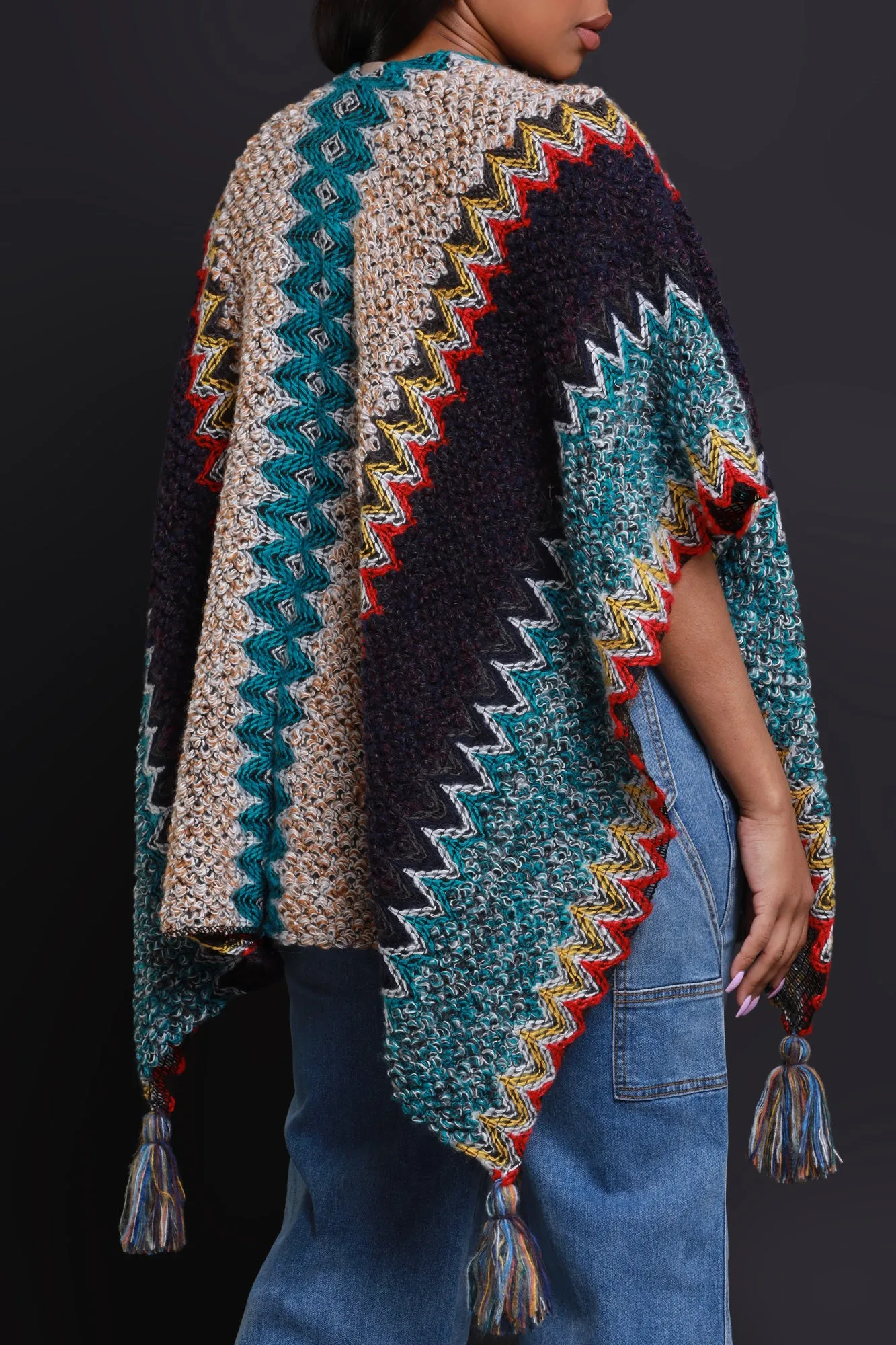 Best In Show Crochet Fringe Poncho - Blue Multicolor