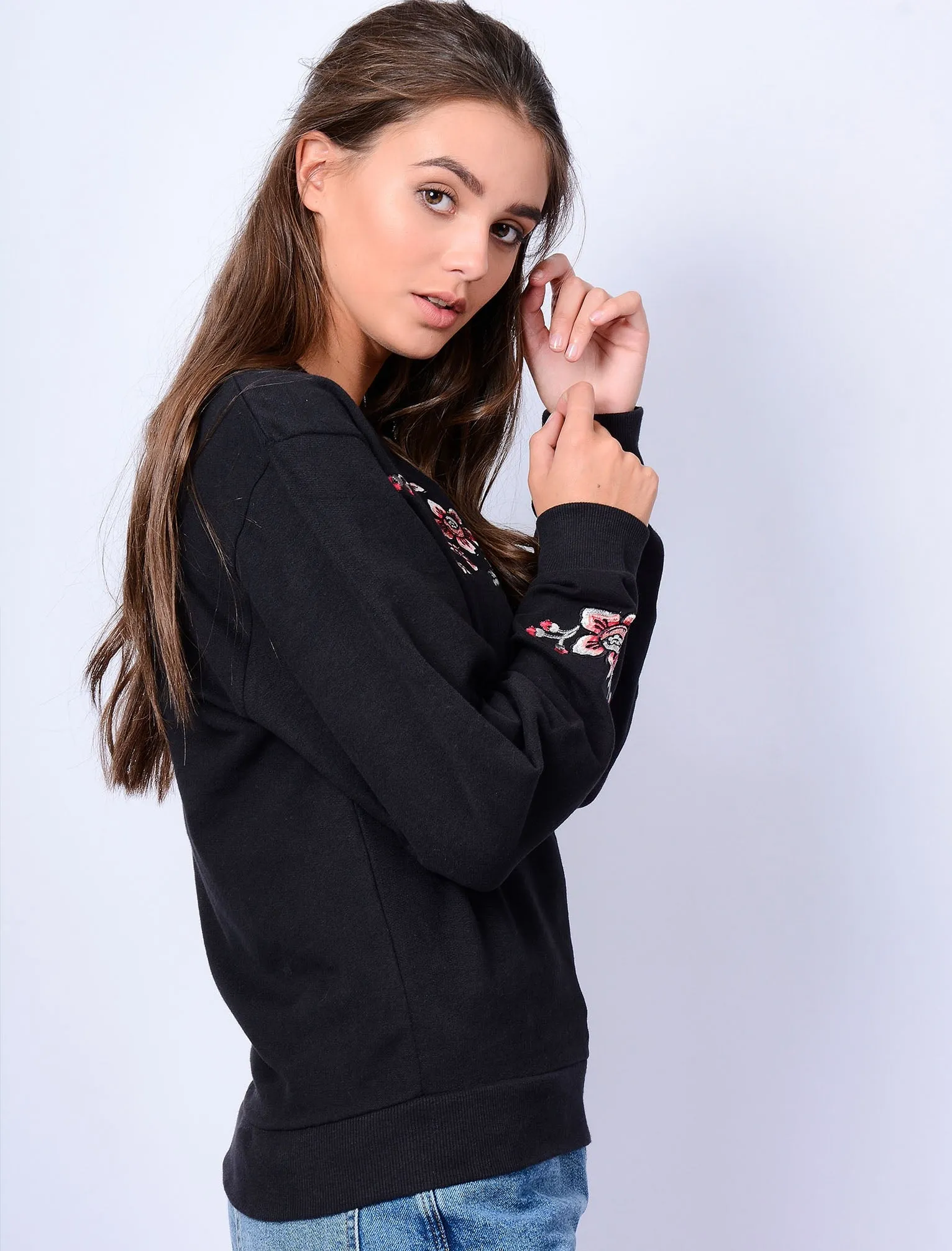 Blossom Floral Embroidered Sweatshirt in Jet Black - Amara Reya