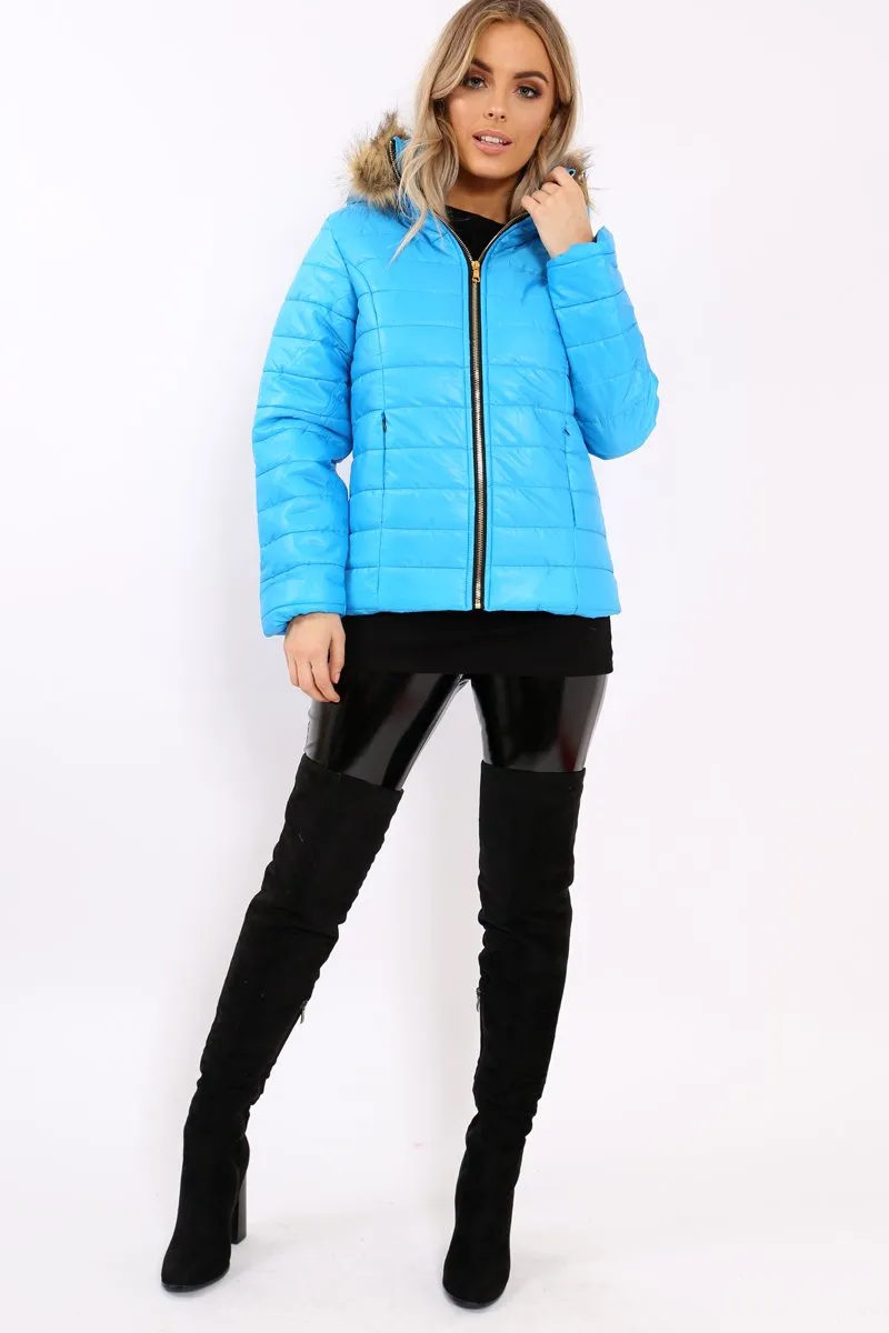 Blue Shiny Puffer Coat with Fur Hood - Idy