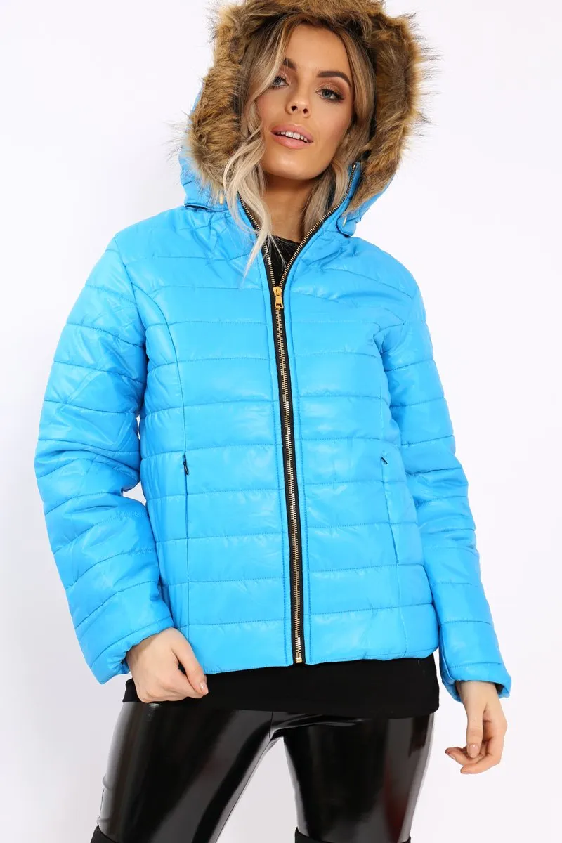 Blue Shiny Puffer Coat with Fur Hood - Idy