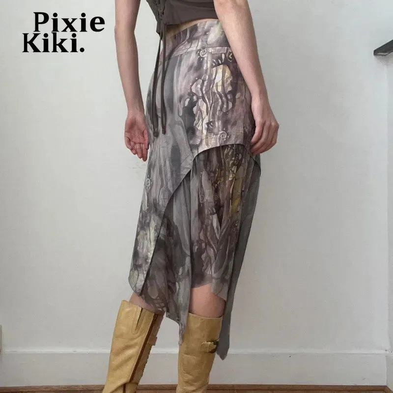 Brown Print Low Waisted Long Skirt Asymmetrical Y2k Trashy Skirts for Woman Vintage Clothes P67-CC30