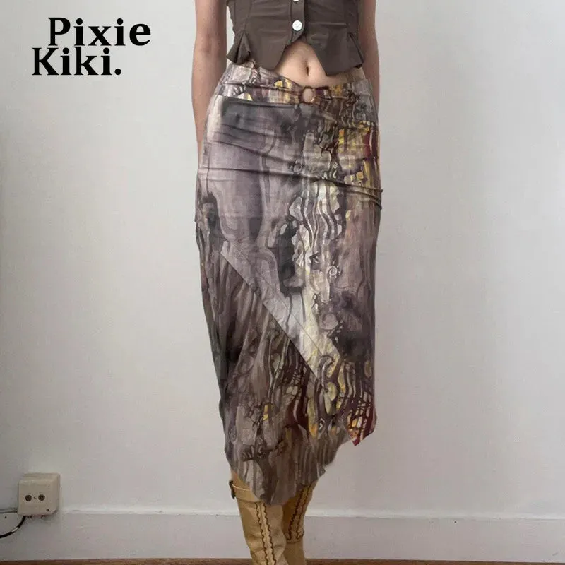 Brown Print Low Waisted Long Skirt Asymmetrical Y2k Trashy Skirts for Woman Vintage Clothes P67-CC30