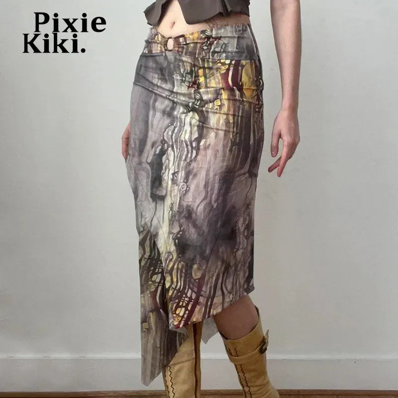 Brown Print Low Waisted Long Skirt Asymmetrical Y2k Trashy Skirts for Woman Vintage Clothes P67-CC30