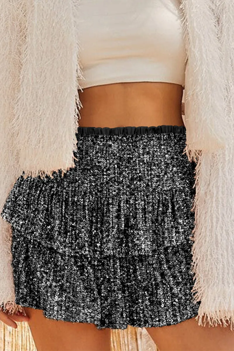 Casual Solid Sequins Pleated High Waist Type A Patchwork Bottoms