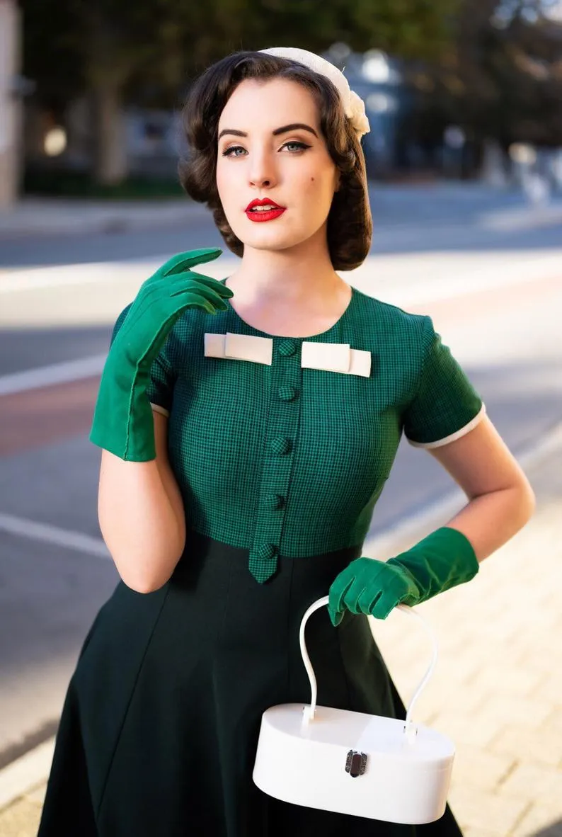 checkered green dress - vintage tv inspired with bow