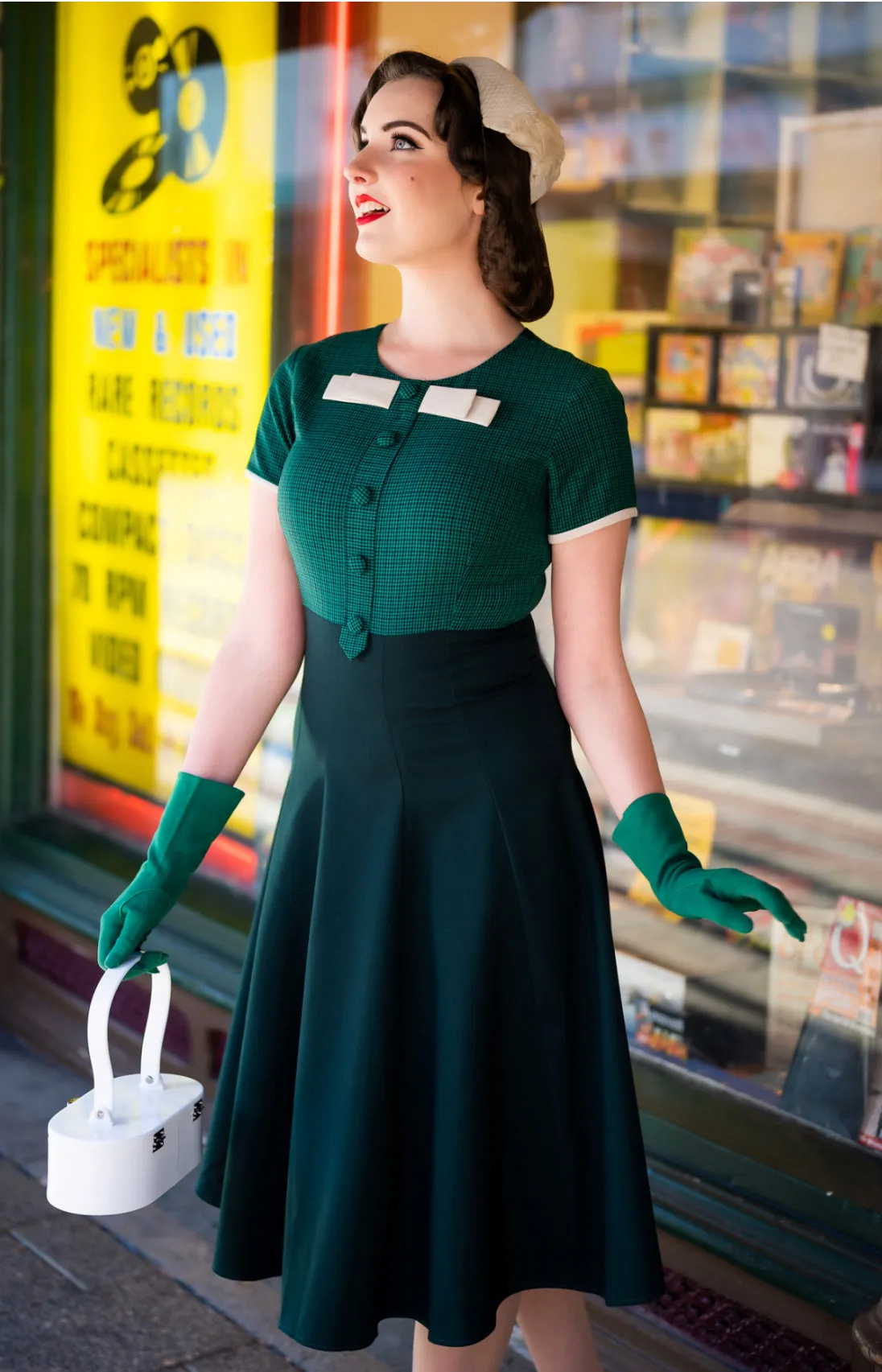 checkered green dress - vintage tv inspired with bow