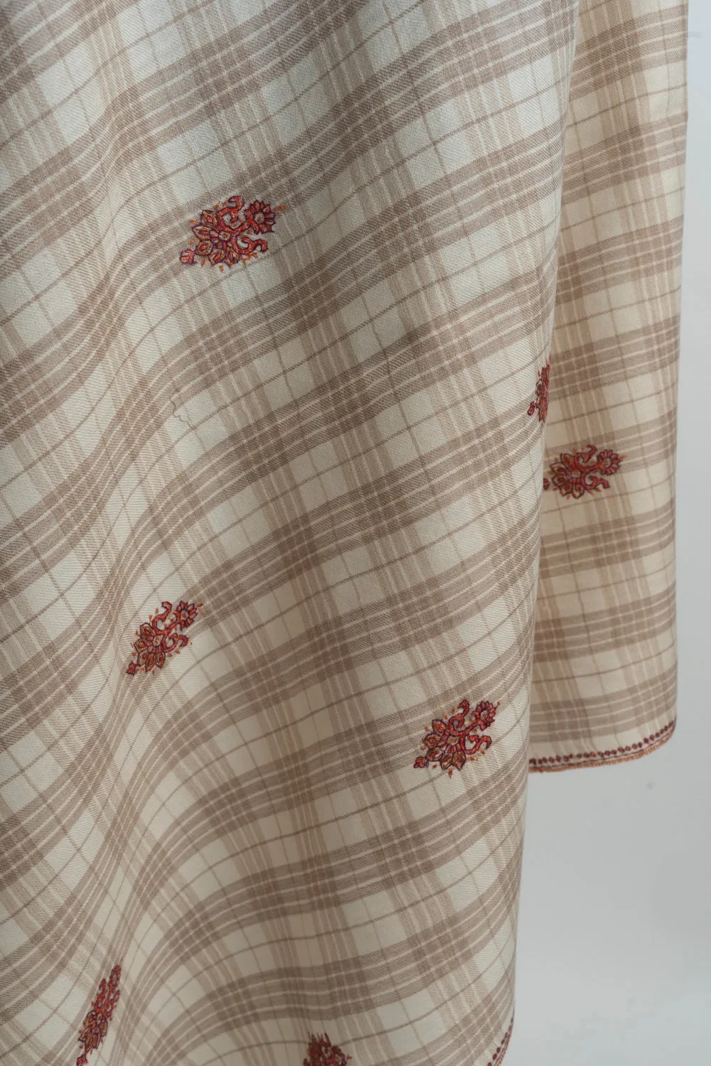 Classic Checkered Beige Kashmiri Hand Embroidered Merino Wool Sozni Shawl