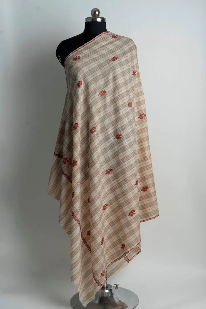 Classic Checkered Beige Kashmiri Hand Embroidered Merino Wool Sozni Shawl