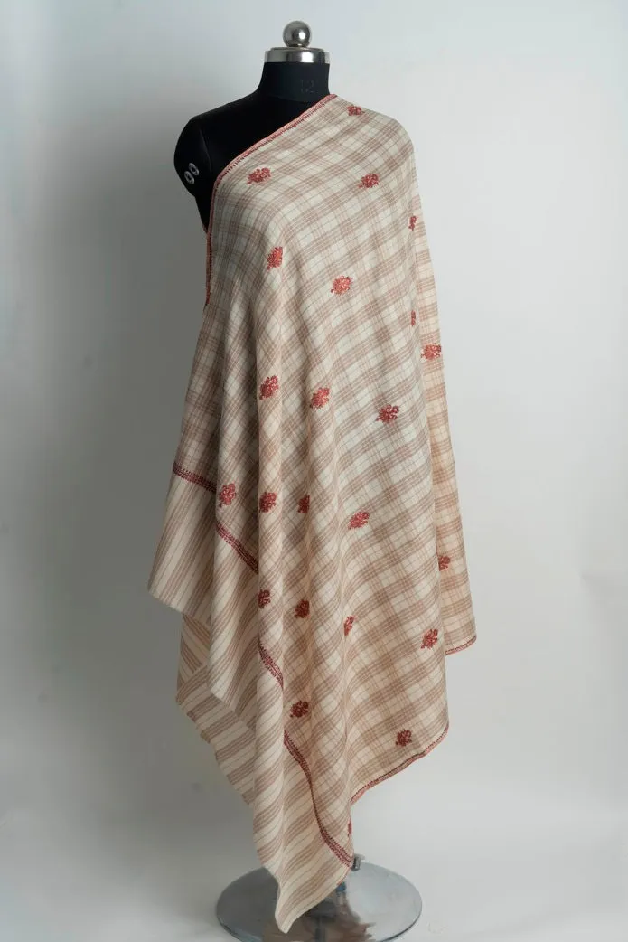 Classic Checkered Beige Kashmiri Hand Embroidered Merino Wool Sozni Shawl