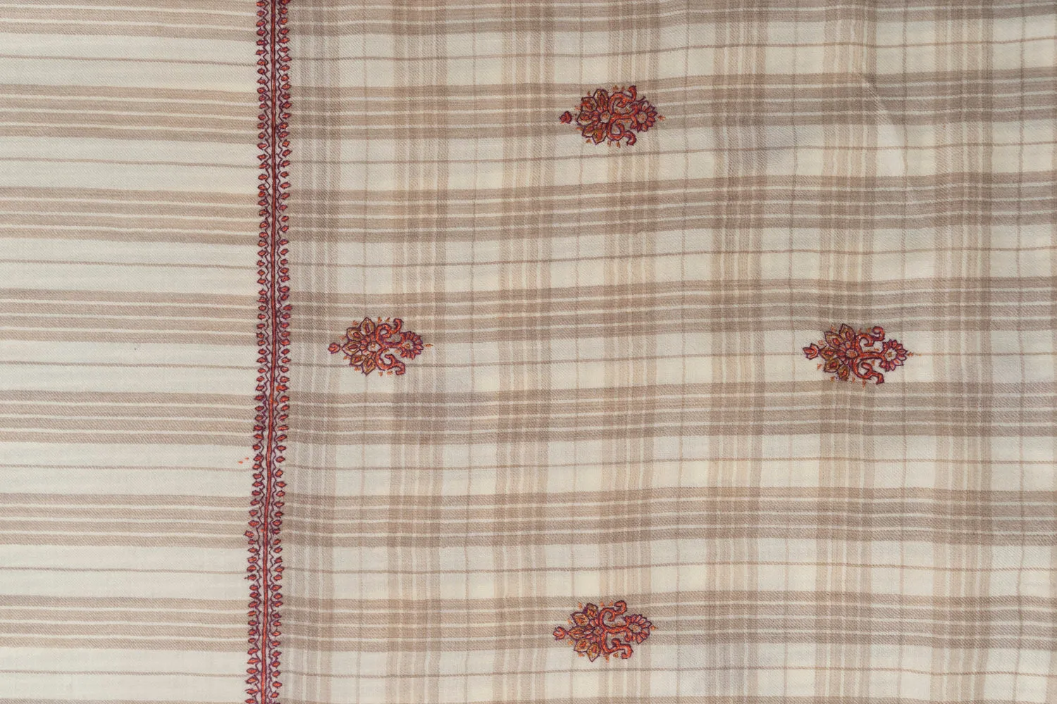 Classic Checkered Beige Kashmiri Hand Embroidered Merino Wool Sozni Shawl