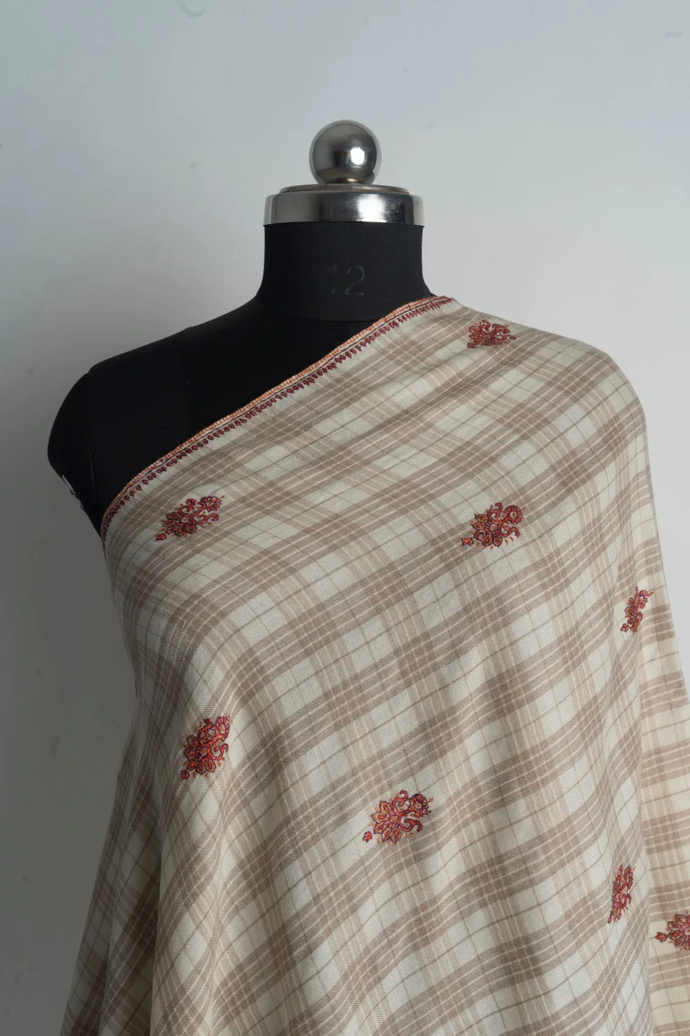 Classic Checkered Beige Kashmiri Hand Embroidered Merino Wool Sozni Shawl