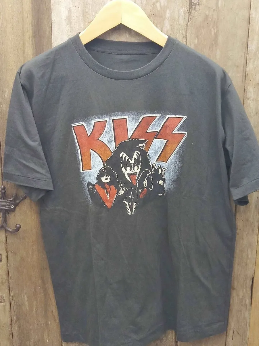 Classic KISS Band T-Shirt: Single-Stitch, Crewneck, Distressed 100% Cotton with Bold Red Logo, 30-Day Return Policy