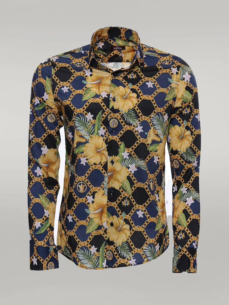 Colorful Floral Patterned Slim Fit Long Sleeves Navy Blue Men Shirt - Wessi