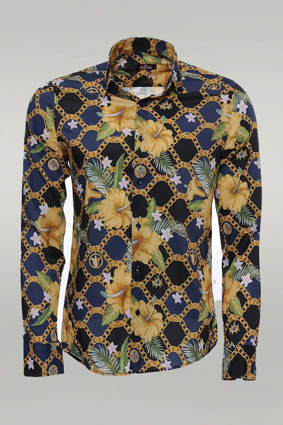 Colorful Floral Patterned Slim Fit Long Sleeves Navy Blue Men Shirt - Wessi