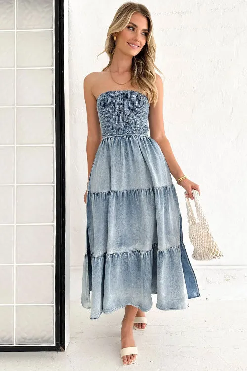 Complete Crush Denim Strapless Pleated Midi Dress