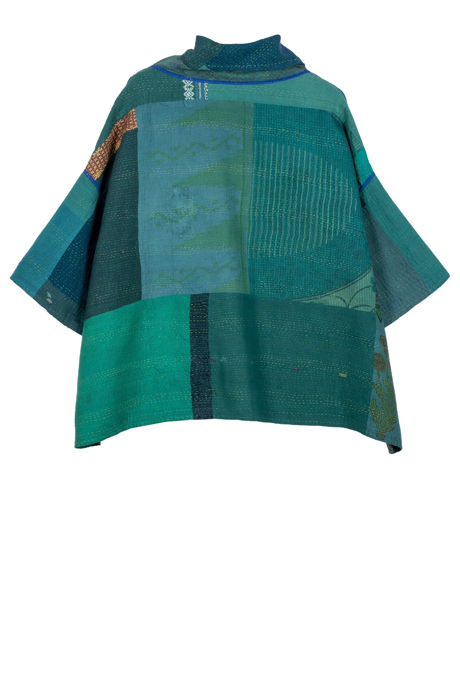 COTTON SILK SW PATCH KANTHA COWL NECK PONCHO - ws2061-tel -