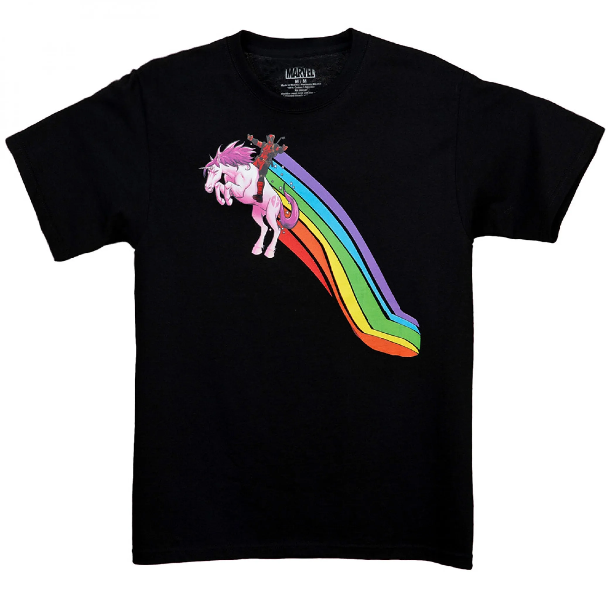 Deadpool Flying High on a Unicorn Front and Back T-Shirt