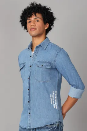 Double Pocket Printed Blue Denim Shirt