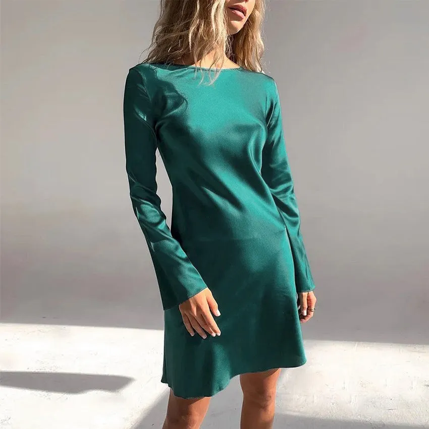 Early Spring Elegant Flare Sleeve Design Satin Dress High Waist A Line Christmas Dress