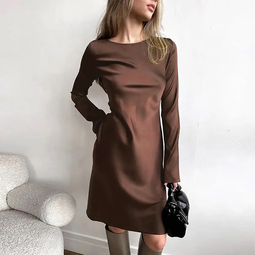 Early Spring Elegant Flare Sleeve Design Satin Dress High Waist A Line Christmas Dress