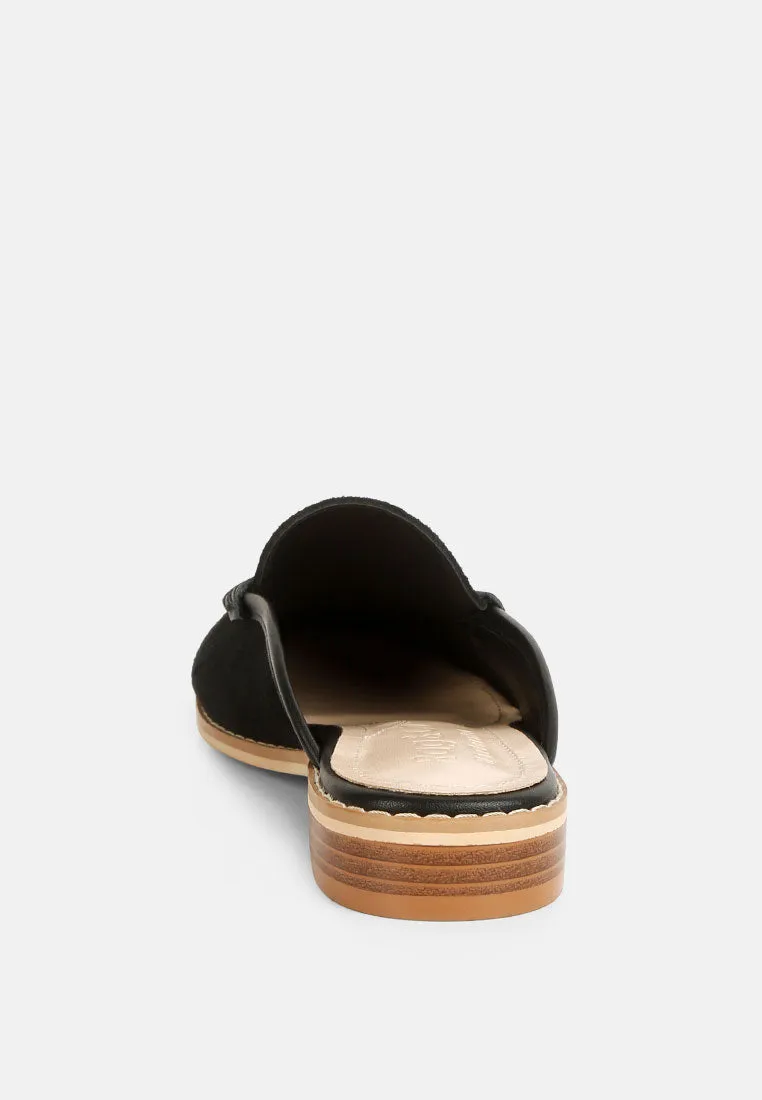 EDMANDA Tassle Detail Leather Mules in Black