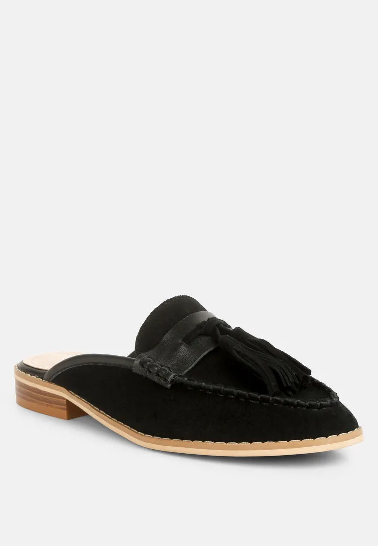 EDMANDA Tassle Detail Leather Mules in Black