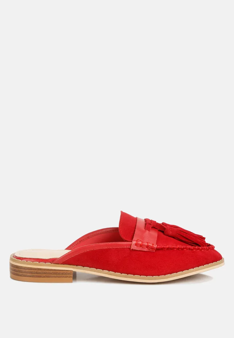 EDMANDA Tassle Detail Leather Mules in Red