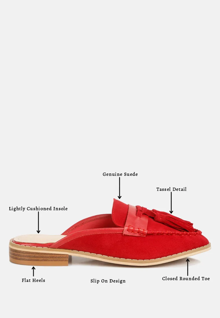 EDMANDA Tassle Detail Leather Mules in Red