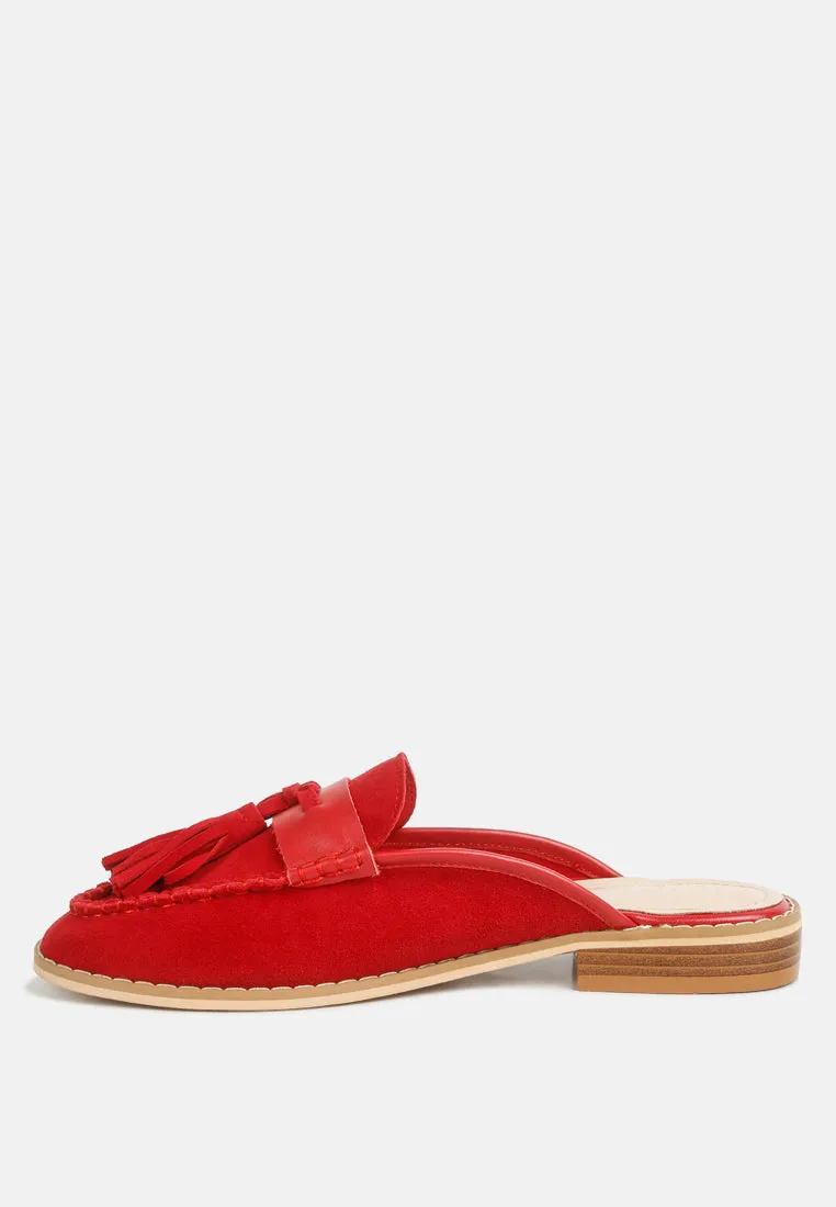 EDMANDA Tassle Detail Leather Mules in Red