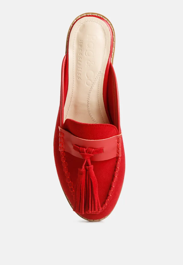 EDMANDA Tassle Detail Leather Mules in Red