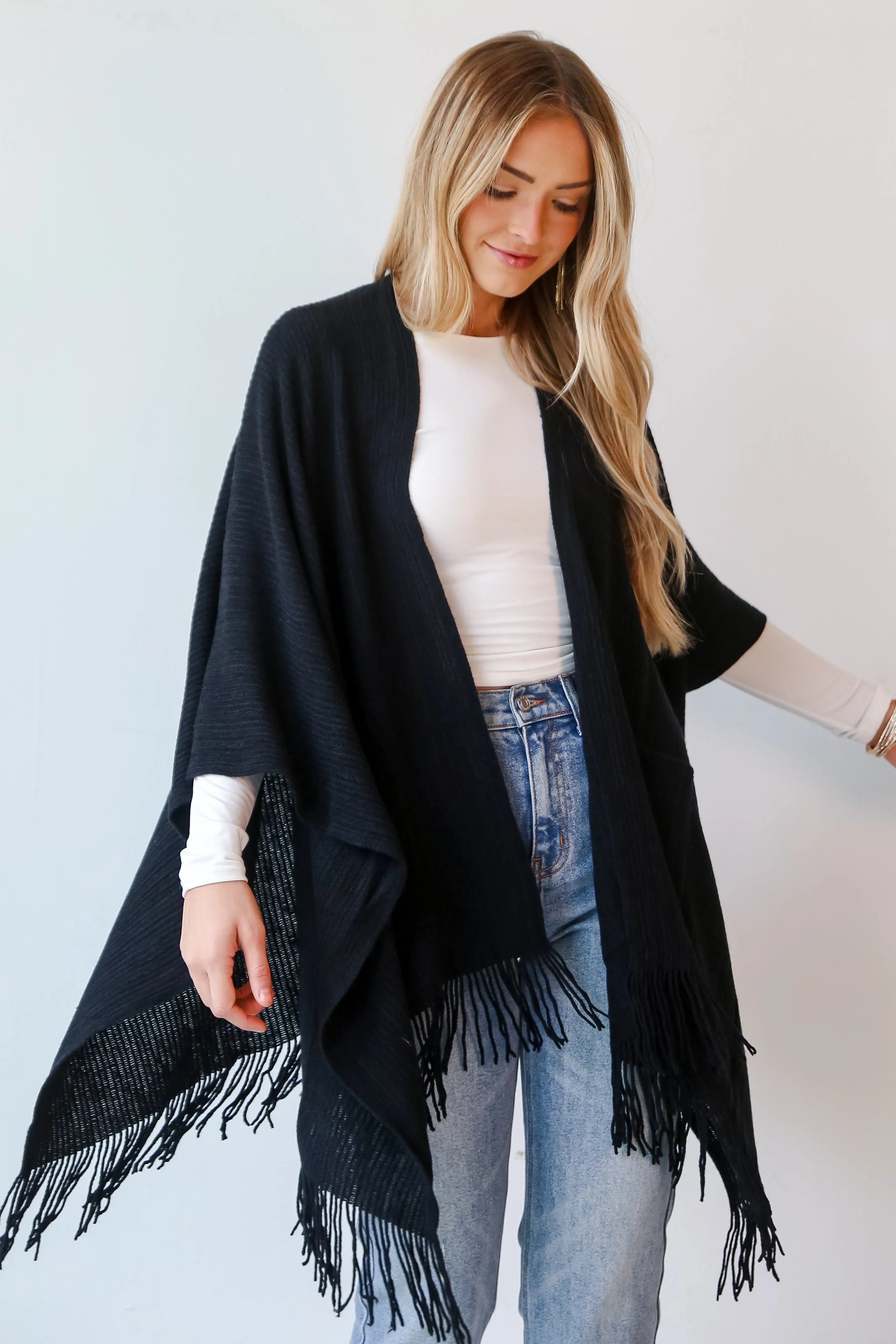 FINAL SALE - Warmer Love Black Fringe Shawl - DOORBUSTER