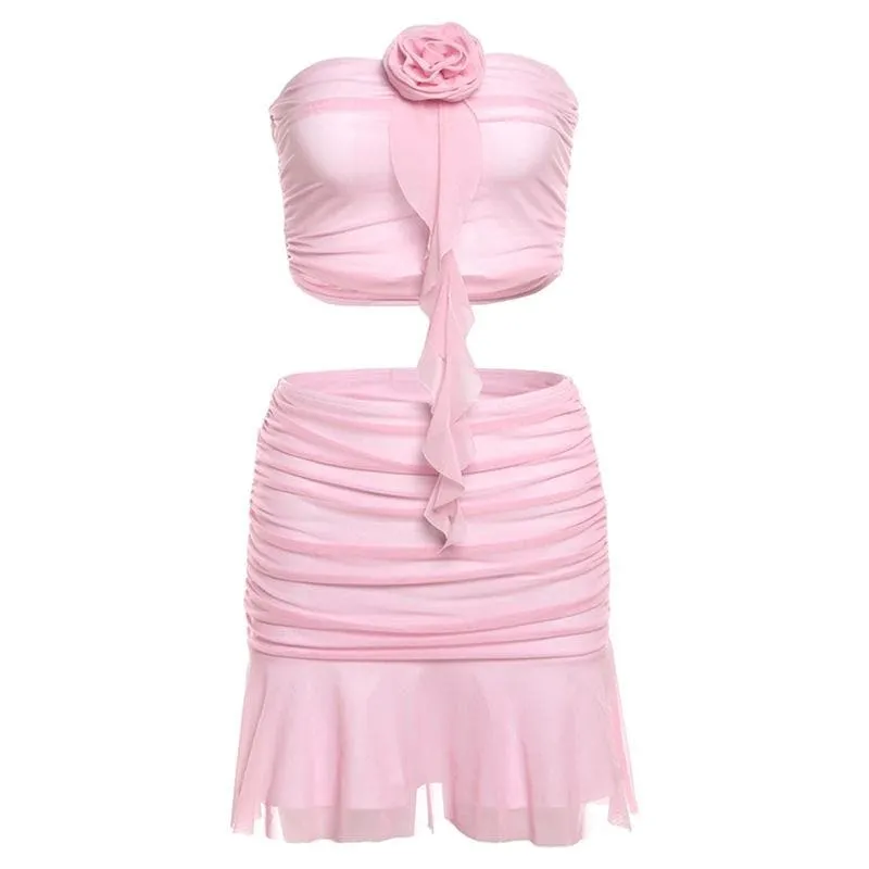 Flower applique ruched ruffle mesh tube mini skirt set