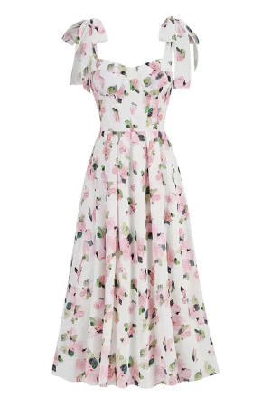 Flowy Floral Tie Strap Sweetheart Bustier Lace Up Fit & Flare Midi Sundress