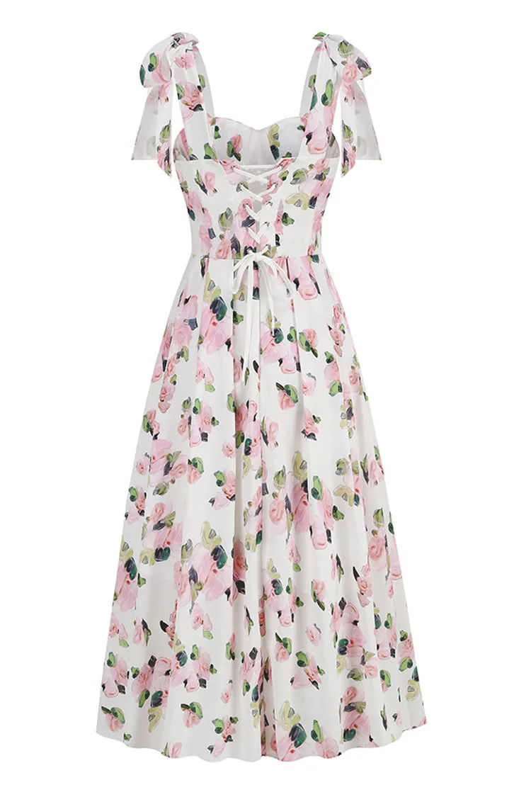 Flowy Floral Tie Strap Sweetheart Bustier Lace Up Fit & Flare Midi Sundress