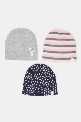 Girls Assorted Striped Knitted Caps (Pack of 3)