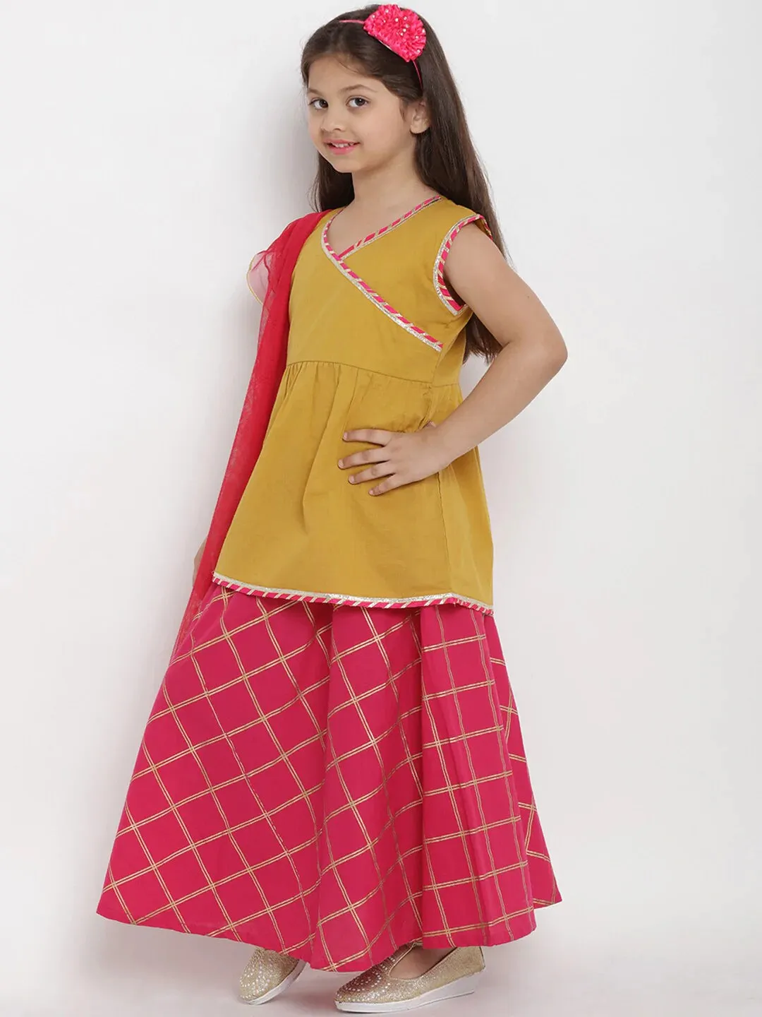 Girls Mustard Yellow & Red Solid Kurta With Skirt & Dupatta