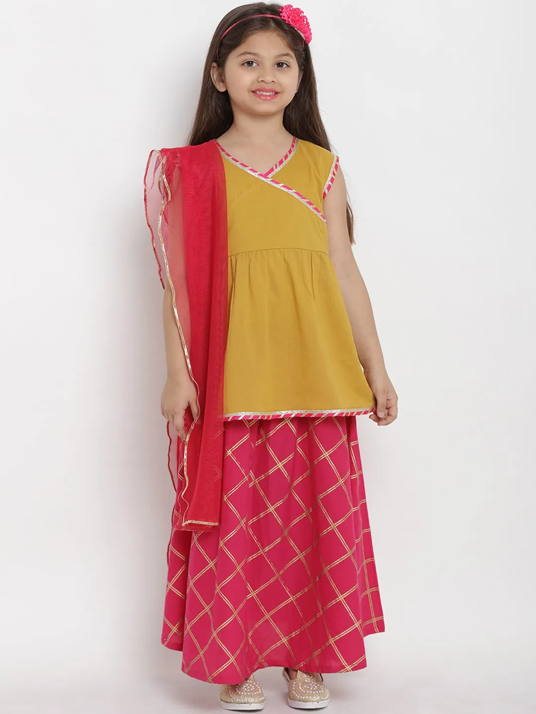 Girls Mustard Yellow & Red Solid Kurta With Skirt & Dupatta