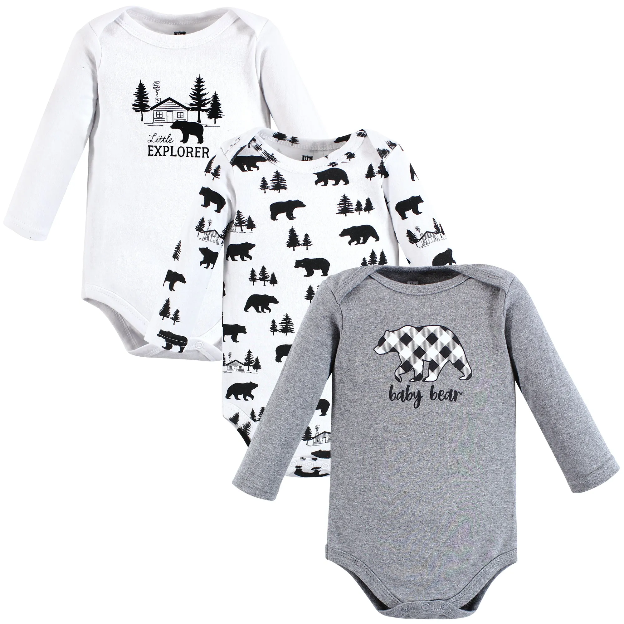 Hudson Baby Cotton Long-Sleeve Bodysuits, Baby Bear Gray Black 3-Pack