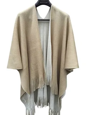 Ilishop Women's Winter Knitted Cashmere Poncho Capes Shawl Cardigans Sweater Coat Beige-khaki Free